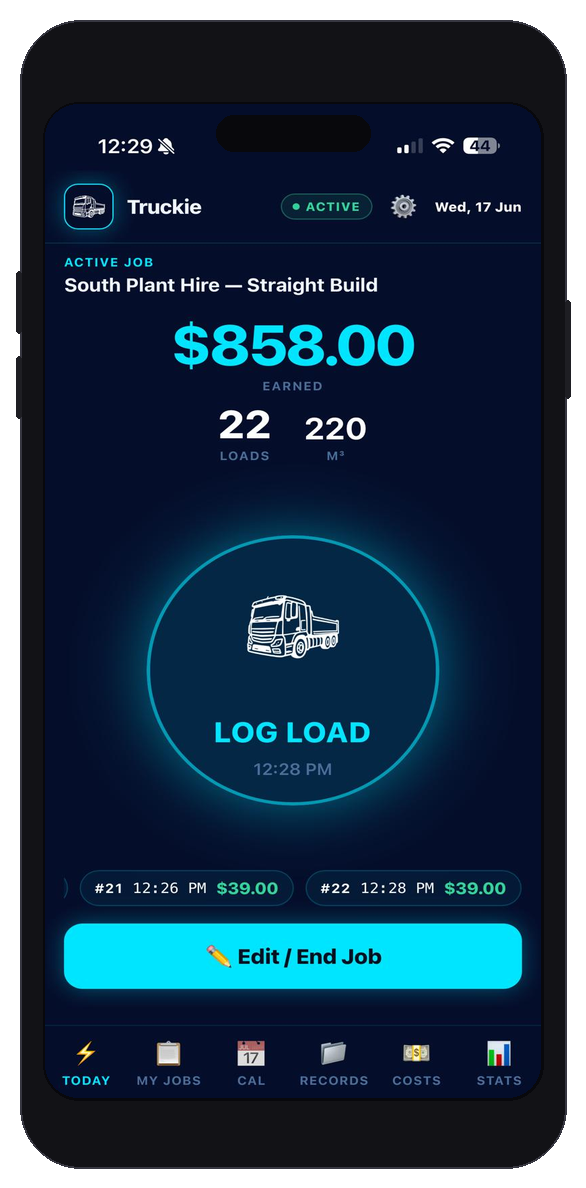 Truckie app screenshot showing today — sample data