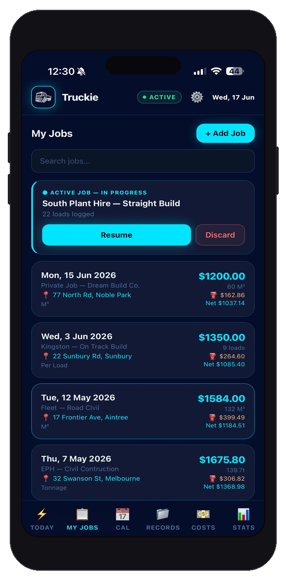 Truckie app screenshot showing job history — sample data
