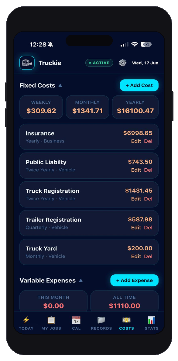 Truckie app screenshot showing costs — sample data
